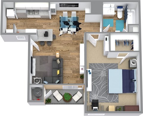 Floor plan for 1 bed, 1 bath, 691 sqft